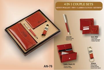 A 4-in-1 couple gift set with wallets, pen, clutch, and keyring in elegant brown.