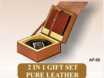 Pure leather 2-in-1 gift set with belt and wallet in elegant packaging.