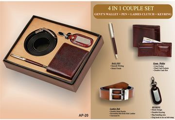 Elegant 4-in-1 couple gift set with wallet, pen, belt, and keyring.