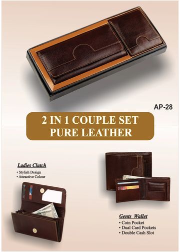 Leather 2-in-1 couple set with clutch and wallet in stylish brown.