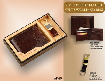 Elegant brown leather wallet and key ring set in a stylish gift box.
