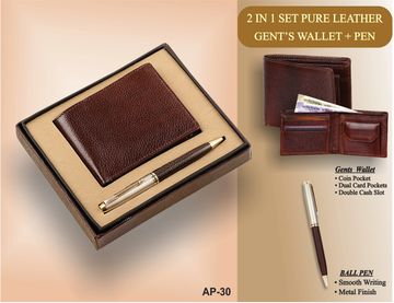 Elegant 2-in-1 gift set with a brown leather wallet and matching pen.