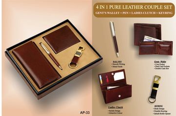 4-in-1 pure leather couple set with wallet, pen, clutch, and keyring.