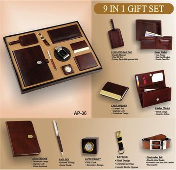 Elegant 9-in-1 gift set with leather accessories including notebook, pen, wallet, belt, and more.