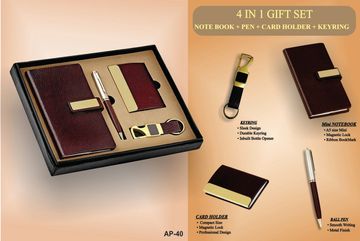 4-in-1 gift set with notebook, pen, card holder, and keyring in elegant brown and gold design.