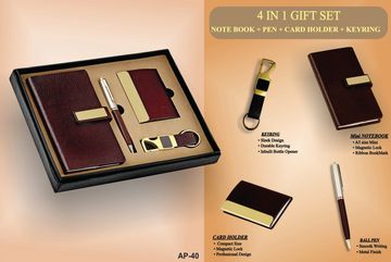 Elegant 4-in-1 gift set with notebook, pen, card holder, and keyring.