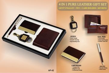 4-in-1 pure leather gift set including wallet, pen, card holder, and keyring in elegant brown.
