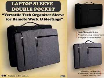 Laptop sleeve with double pockets, sleek design, and comfortable handle in two colors.