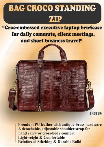 Executive croc-embossed laptop briefcase in brown PU leather with adjustable strap.