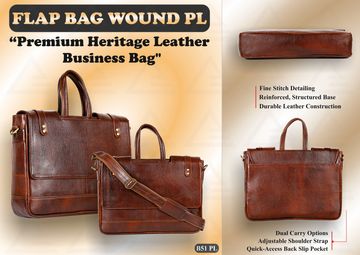 Premium heritage leather business bags with fine stitching and dual carry options.