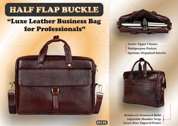Luxurious half flap buckle leather business bag with secure zipper and organized interior.