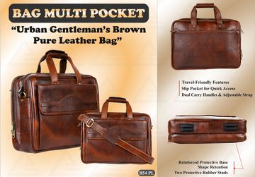 Brown leather multi-pocket bag designed for urban gentlemen with multiple compartments and adjustable straps.