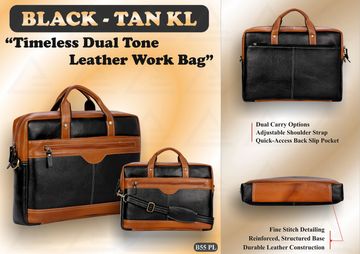 Black and tan leather work bag with dual carry options and fine stitch detailing.