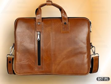 Sleek brown leather laptop bag with padded protection and multiple carry options.