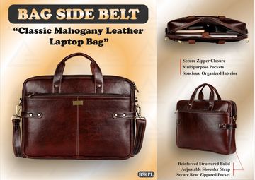 Classic mahogany leather laptop bag with secure zipper and adjustable strap.