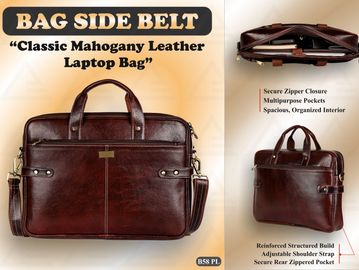 Classic mahogany leather laptop bag with secure zipper and adjustable shoulder strap.