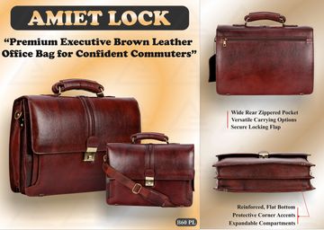 Premium brown leather executive office bag with secure lock and versatile compartments.
