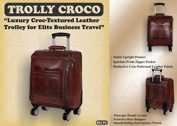 Luxury croc-textured leather trolley for business travel with spacious pockets and smooth dual spinner wheels.