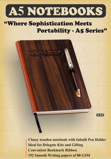 Elegant A5 wooden notebook with inbuilt pen holder and bookmark ribbon.
