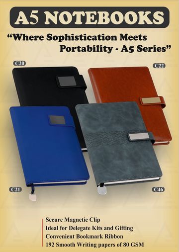 A5 notebooks in black, brown, blue, and grey with magnetic clips and bookmark ribbons.