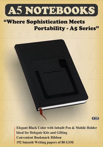 A sleek black A5 notebook with pen and mobile holder, bookmark ribbon, and smooth writing paper.