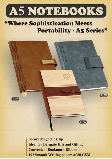 A5 notebooks with sophisticated designs and secure magnetic clips.