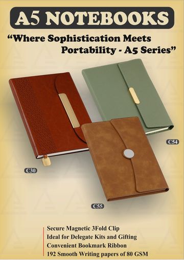 Elegant A5 notebooks with secure magnetic clips and bookmark ribbons.