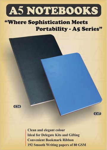 A5 notebooks in black and blue with elegant design and smooth 80 GSM paper.
