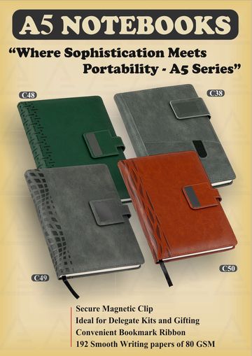 Elegant A5 notebooks with magnetic clips and bookmark ribbons in four designs.
