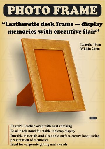 Leatherette desk photo frame with neat stitching and easel-back stand.