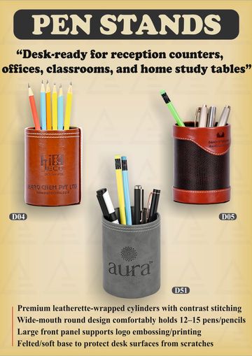 Three stylish pen stands designed for desks in offices and classrooms.