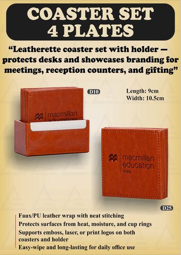 Leatherette coaster set with holder for desks and branding.