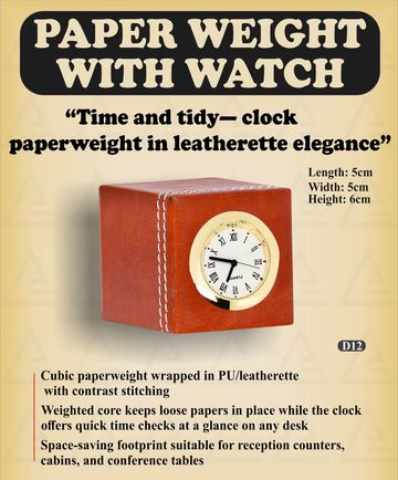 Cubic leatherette paperweight with a clock for desk organization and quick time checks.