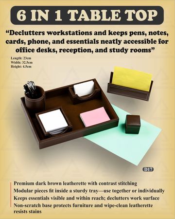 6-in-1 dark brown leatherette table top organizer with modular pieces for desk essentials.