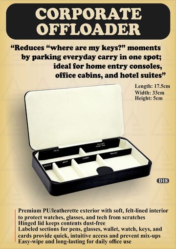 Organized storage box for keys, glasses, wallet, and more with labeled compartments.