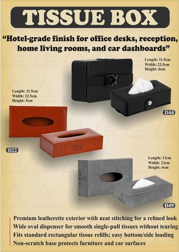 Premium leatherette tissue boxes with neat stitching and wide oval dispensers for offices, homes, and cars.