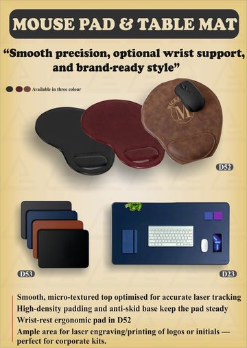 Ergonomic mouse pads and table mats in three colors with wrist support and laser engraving options.