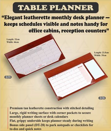 Elegant leatherette monthly desk planners with large writing surfaces and corner pockets for office use.