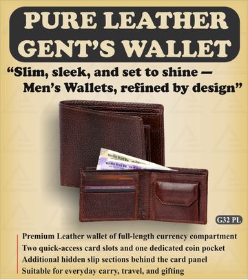 Elegant pure leather men's wallet with multiple compartments for currency, cards, and coins.