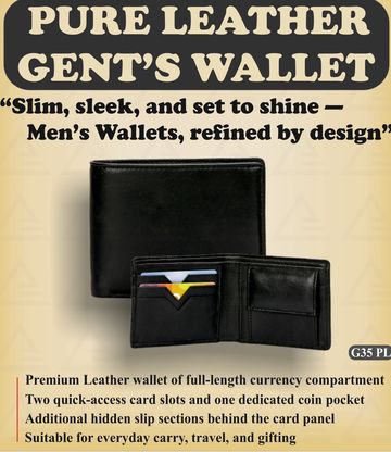 Advertisement for a slim, sleek pure leather men's wallet with multiple compartments.