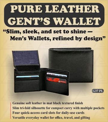 Advertisement for a slim, sleek men's leather wallet in black with multiple card slots.