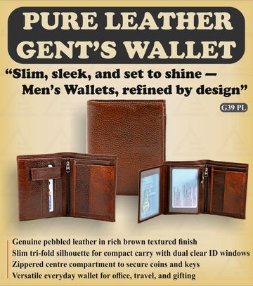 Brown genuine leather men's wallet with tri-fold design and secure compartments.