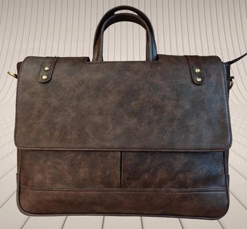 Elegant brown leather briefcase with sturdy handles and brass rivets.
