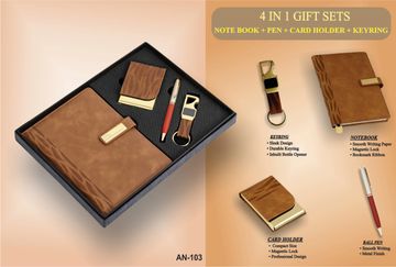 4-in-1 gift set with notebook, pen, card holder, and keyring in brown leather.