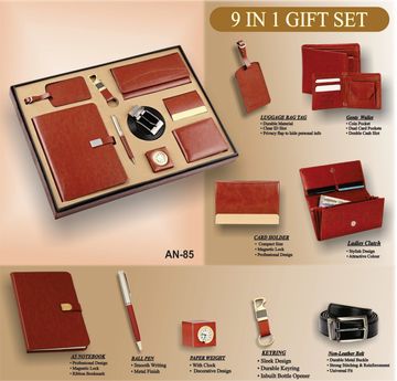 A 9-in-1 brown leather gift set including wallet, notebook, belt, and more.