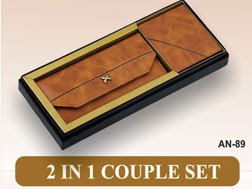 Elegant 2-in-1 couple set featuring a ladies clutch and gents wallet in stylish brown.