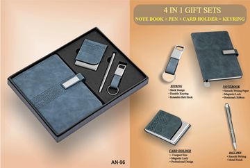 Elegant 4-in-1 gift set with notebook, pen, card holder, and keyring.