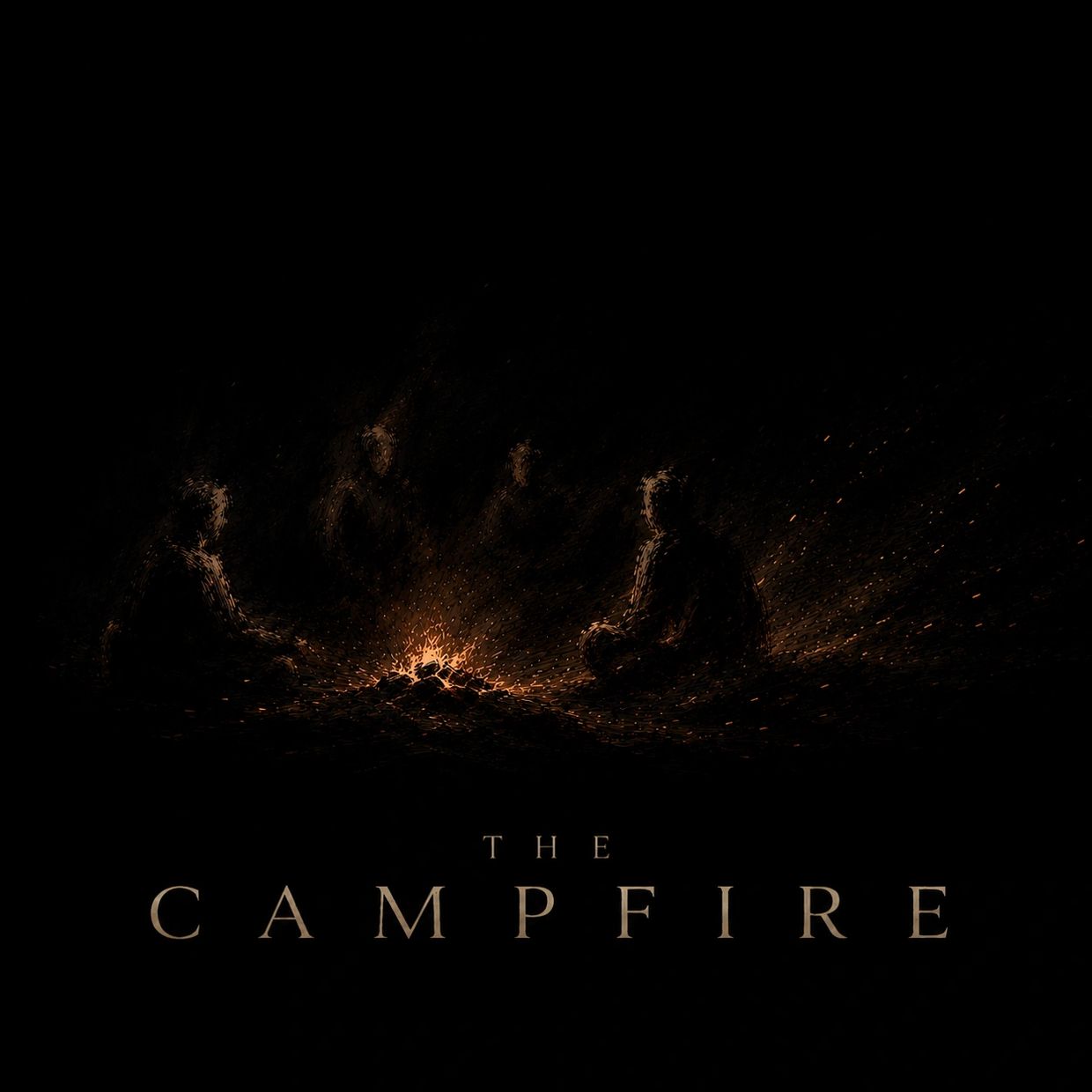 Silhouettes gathered around a glowing campfire in the dark night.