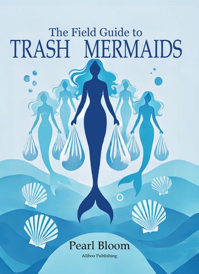 Book cover featuring blue mermaids carrying trash bags underwater.
