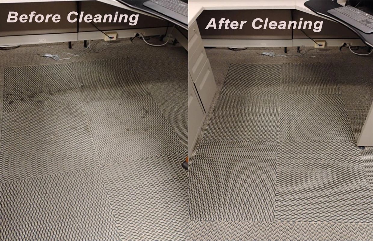Side-by-side comparison of a carpet before and after cleaning under a desk.